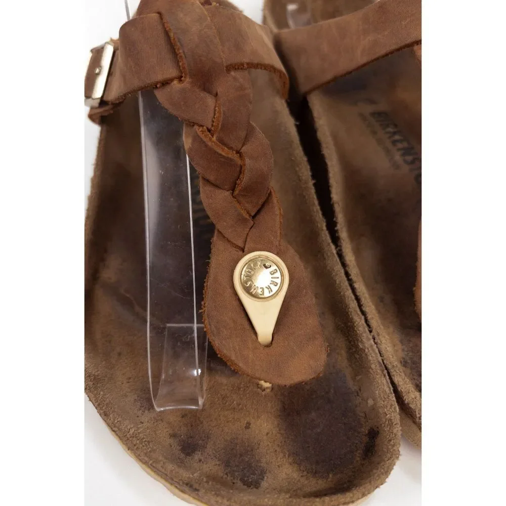Birkenstock Gizeh Braided Oiled Leather Sandals Cognac Women's 38